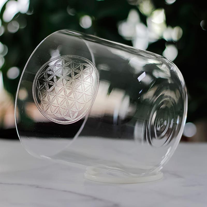 Clear Crystal Singing Bowl - Flower of Life Design - Meditation, Relaxation, Healing