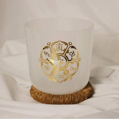 White Crystal Singing Bowl Golden Sanskrit Meditation, Relaxation, Unique Design
