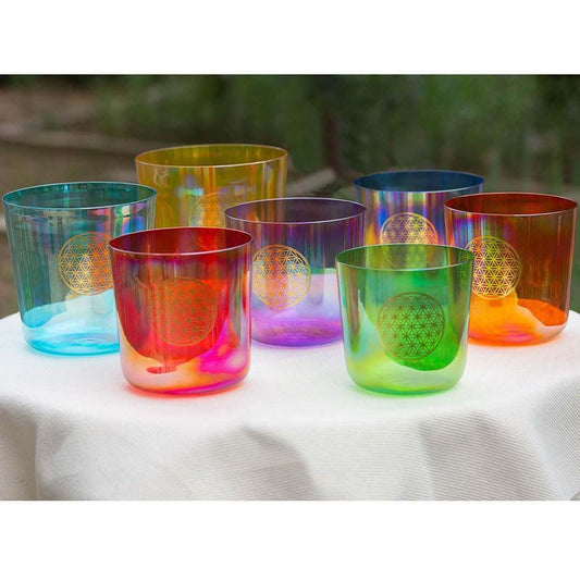 Clear Crystal Bowl Set With Flower of Life Sacred Geometry Art for Meditation Healing